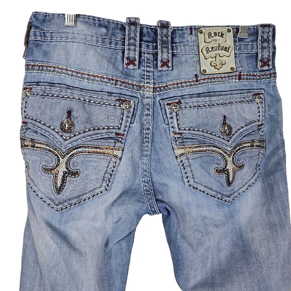 Rock Revival Ecton Boot Embroidered Denim Jeans 32 Light Wash Distressed Casual - Picture 12 of 15